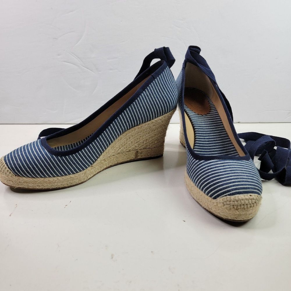 J. Crew Womens Platform Wedge Heels Size 8 Blue/White Stripped 3" Heels tie